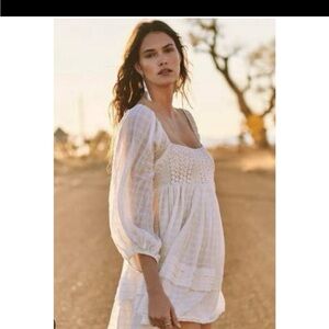 Free People White Gauze Mini Dress with Crochet Bodice